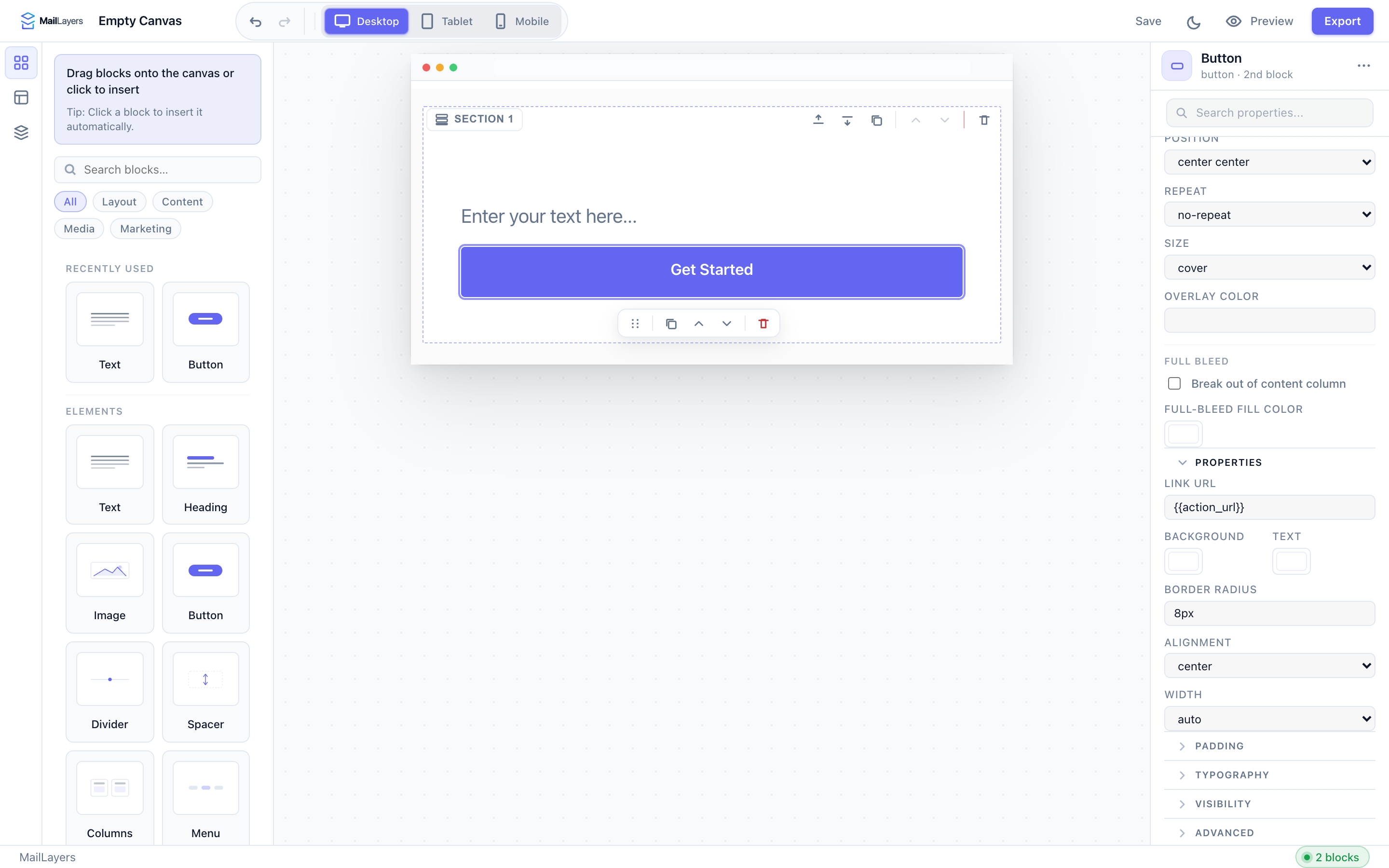 MailLayers editor showing blocks panel, email canvas, and inspector properties